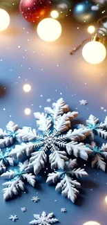 Snowflake with festive lights on blue background.