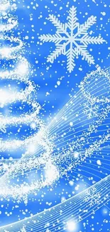 Blue winter wallpaper with snowflakes and Christmas tree design.