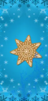 Festive blue wallpaper with a gingerbread star and snowflake pattern.