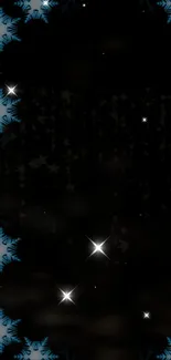 Winter-themed wallpaper with blue snowflakes and starry glow on a dark background.