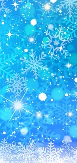 Blue winter mobile wallpaper with snowflakes and sparkling stars.