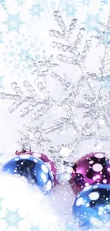 Snowflake and ornament winter wallpaper with festive decor.