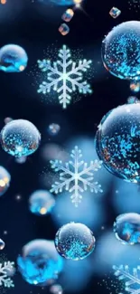 Winter-themed phone wallpapers with snowflakes and bubbles in blue hues.