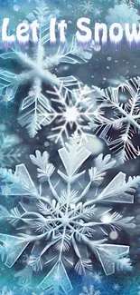 Intricate snowflakes on a blue winter background with 'Let It Snow' text.