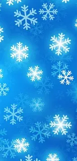 Vibrant blue wallpaper with white snowflakes design.