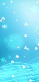 Blue and white snowflakes on a winter-themed phone wallpaper.