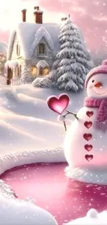 Charming winter wallpaper with a snowman by a heart-shaped lake.