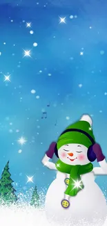 Snowman with green scarf and hat on blue winter background.