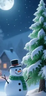A snowman under a starry winter night with a moonlit snowy landscape.
