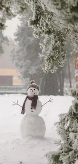 Snowman in a snowy forest with frosty trees.