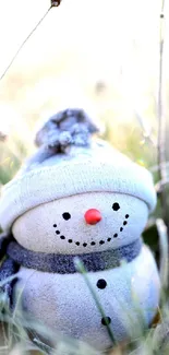 Snowman surrounded by frosty plants in a winter field.