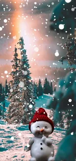 Snowman in a winter forest under a magical sky.