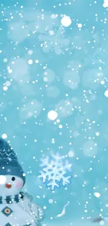 Snowman in a blue snowy background with falling snowflakes.