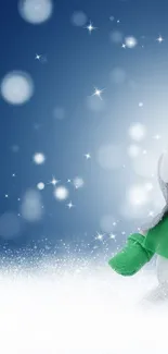 Cute snowman in green scarf on snowy blue background with bokeh lights.