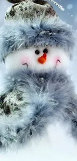 Charming snowman with a fuzzy hat and scarf in a snowy backdrop.