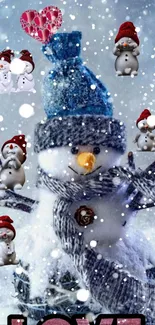 Snowman with blue hat and scarf in a snowy background.