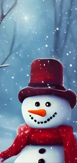 Charming snowman with red scarf and hat in snowy winter forest.
