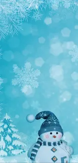 Charming snowman in a frosty, blue winter-themed mobile wallpaper with snowflakes.