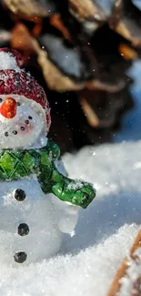 Snowman in snow with pine cones and cinnamon sticks, capturing winter charm.