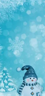 Snowman in a snowy forest with blue snowflakes wallpaper.