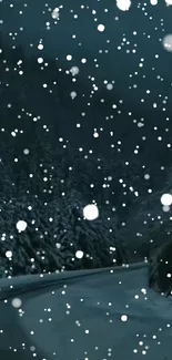 Snowfall in a serene winter forest night scene.