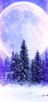 Snowy forest under a full moon night sky.