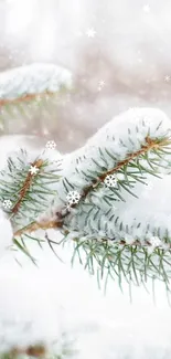 Snow-covered pine tree branches with falling snowflakes.