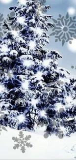 Snowy tree with snowflakes in a winter landscape wallpaper.