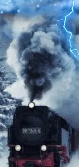 Steam train in snow with lightning sky.