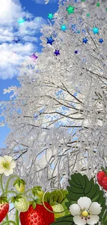 Winter scene with strawberries and frosty branches under a blue sky.