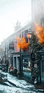 Old street in winter with snow and warm glowing lights.