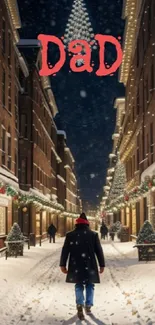 Winter street with snow and festive lights.