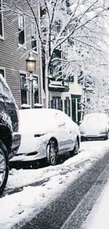 Snow-covered street with cars in winter scenery.