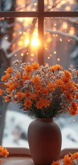 Vase of orange flowers by a snowy window at sunrise.