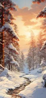 Serene winter forest with sunrise and snowy trees on phone wallpaper.