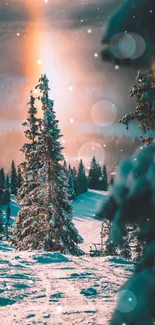 Serene winter sunrise in a snow-covered forest with glowing sun rays.