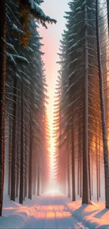 Serene snowy forest path at sunrise with tall trees.