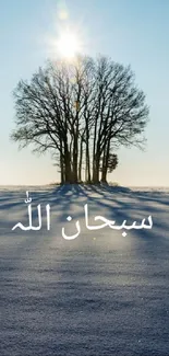 Sunlit winter scene with Islamic calligraphy over snowy landscape.