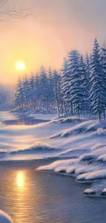 Peaceful winter sunrise over snow-covered river with trees.