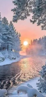 Serene winter river scene at sunrise with snow-laden trees and a calm, icy river.