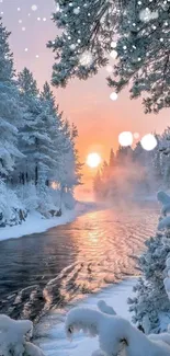 Winter sunrise over a serene, snowy river and frosted trees.