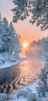 Sunrise over a snowy river landscape with frosted trees.