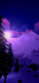 Serene winter sunset over a snowy mountain with purple hues in the sky.