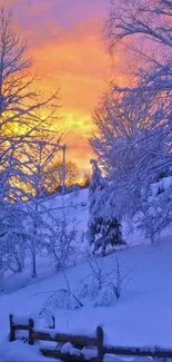 Snowy landscape with vibrant orange sunset sky.