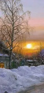 Scenic winter sunset over snowy village with a cozy cottage.