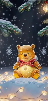 Teddy bear in snow with festive lights and snowfall.