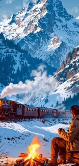 Train by snowy mountains with campfire in foreground