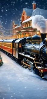 Winter train scene at snowy station with holiday lights.