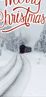 Vintage train in snowy landscape with Merry Christmas text.