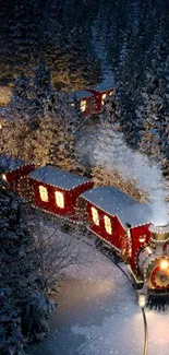 Red train winding through snowy forest at night, glowing with lights.